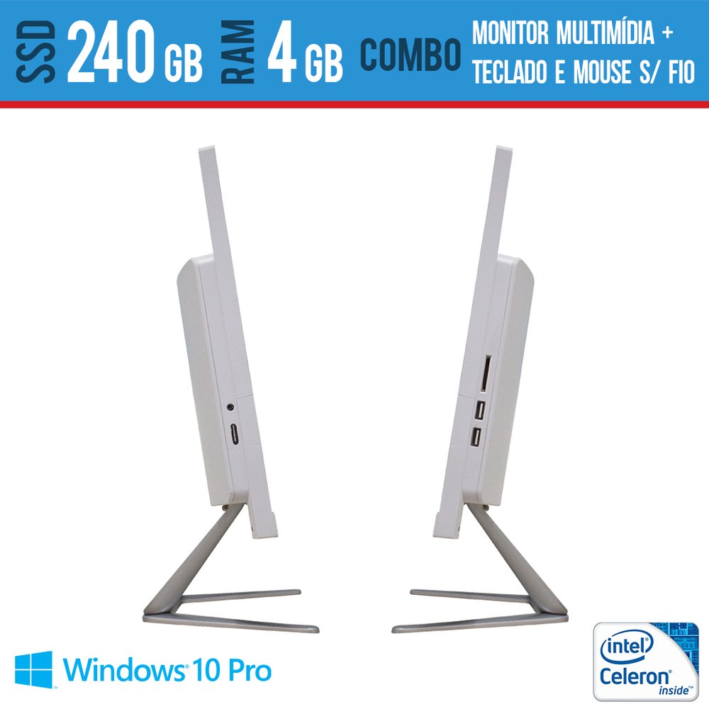 Computador All In One 21,5 Multimidia 4GB SSD 240 GB Teclado e Mouse Sem fio Windows Pro