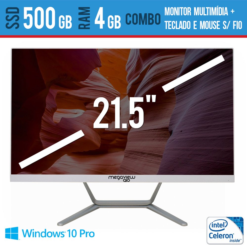 Computador All In One 21,5 Multimidia 4GB SSD 500 GB Teclado e Mouse Sem fio Windows Pro