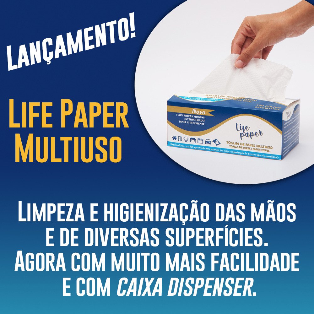 Caixa dispenser Multiuso de Papel Toalha Interfolhado 100% celulose virgem com 150 folhas LIFE PAPER