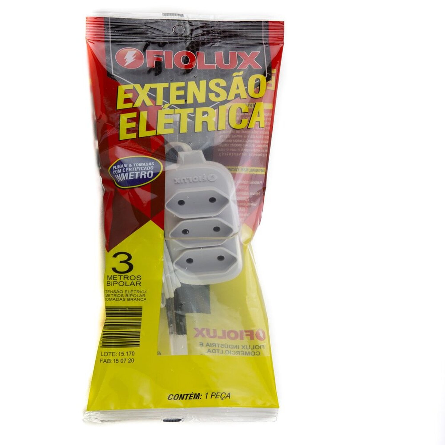 Extensão 3 Metros Bipolar Branca com 3 Tomadas