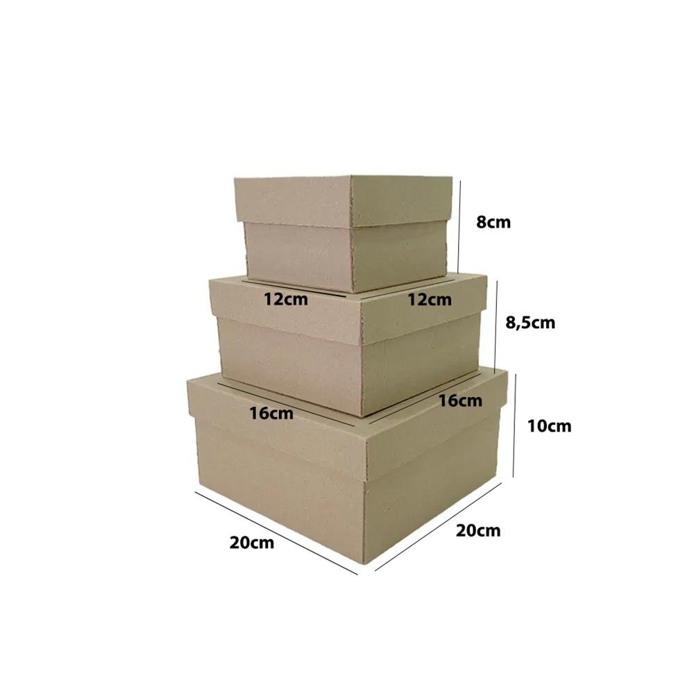 Kit 3 Caixas Tampa e Fundo Modelo E3 Embalagens - Pacote com 1 Unidade de Cada Tamanho - Medidas Internas 12x12x8 cm / 16x16x8,5 cm / 20x20x10 cm - Có