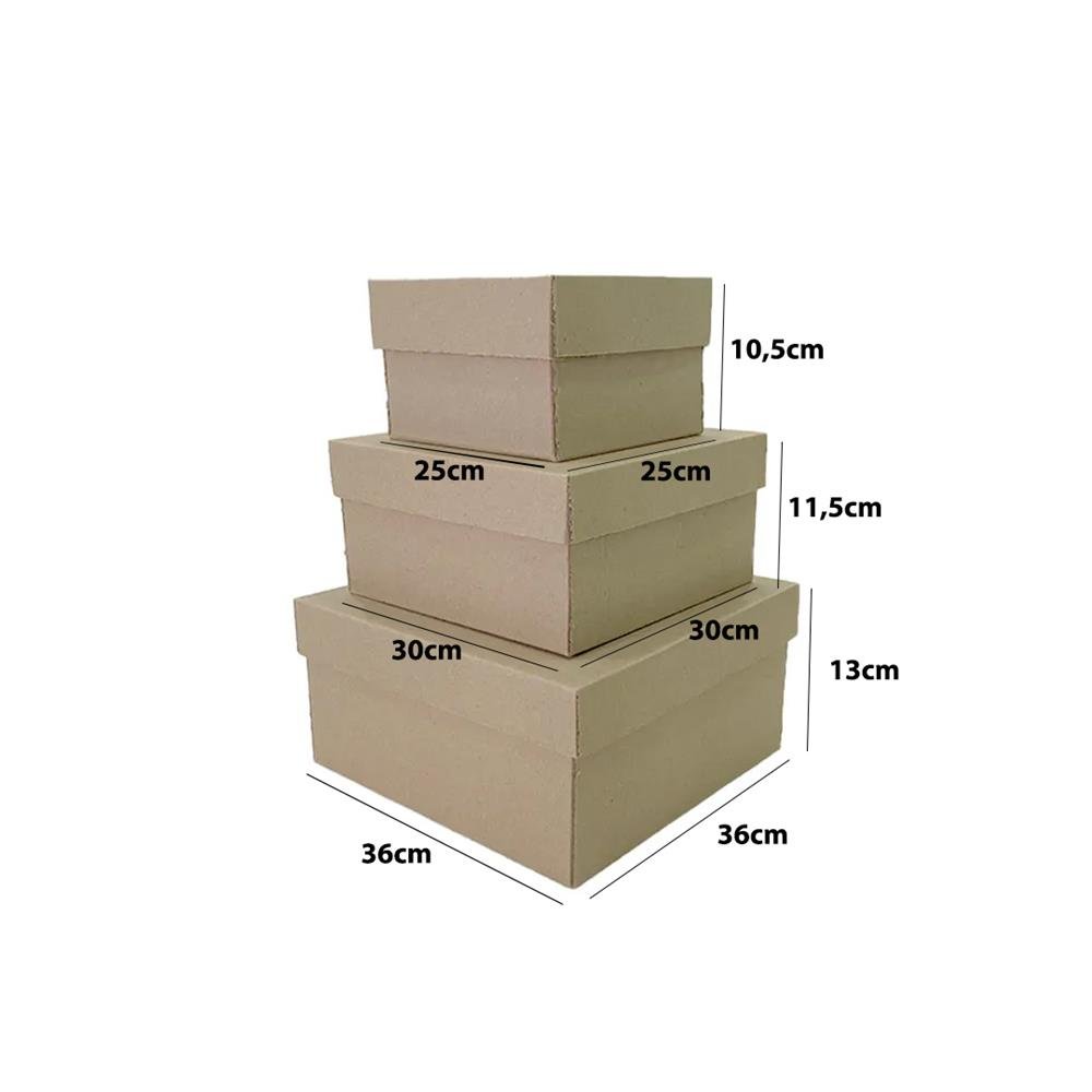 Kit 3 Caixas Tampa e Fundo Modelo E3 Embalagens - Pacote com 1 Unidade de Cada Tamanho - Medidas Internas 25x25x10,5 cm / 30x30x11,5 cm / 36x36x13 cm