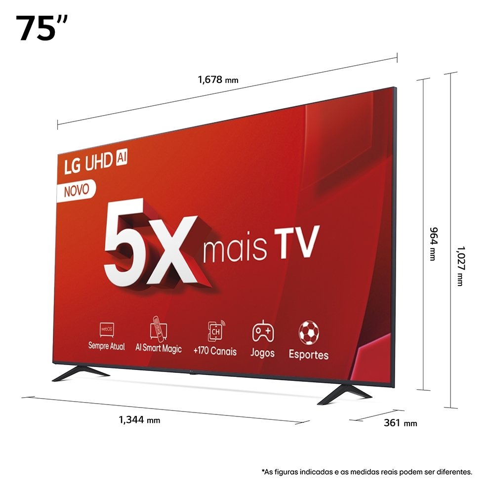 Smart TV 75" LCD LED LG 75UT8050PSA - 4K UHD, Thinq AI, Bluetooth, 3 HDMI, 2 USB, 60Hz