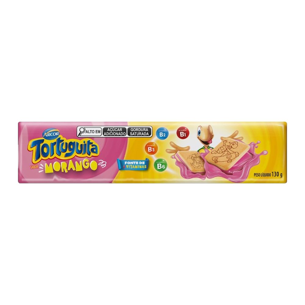 Biscoito Tortuguita Recheado Quadrado Morango 130g - Embalagem com 60 Unidades