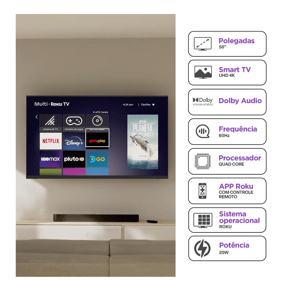 Smart Tv 50" Uhd 4k Multi Tl059m Com Sistema Roku, Processador Quad Core, Dolby Audio, Compativel Com Alexa E Google Home