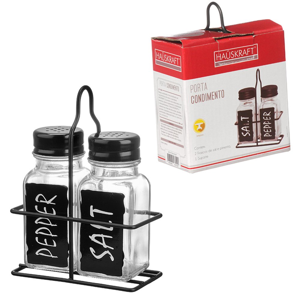 Porta Condimento 2 Potes Com Suporte Preto - Hauskraft
