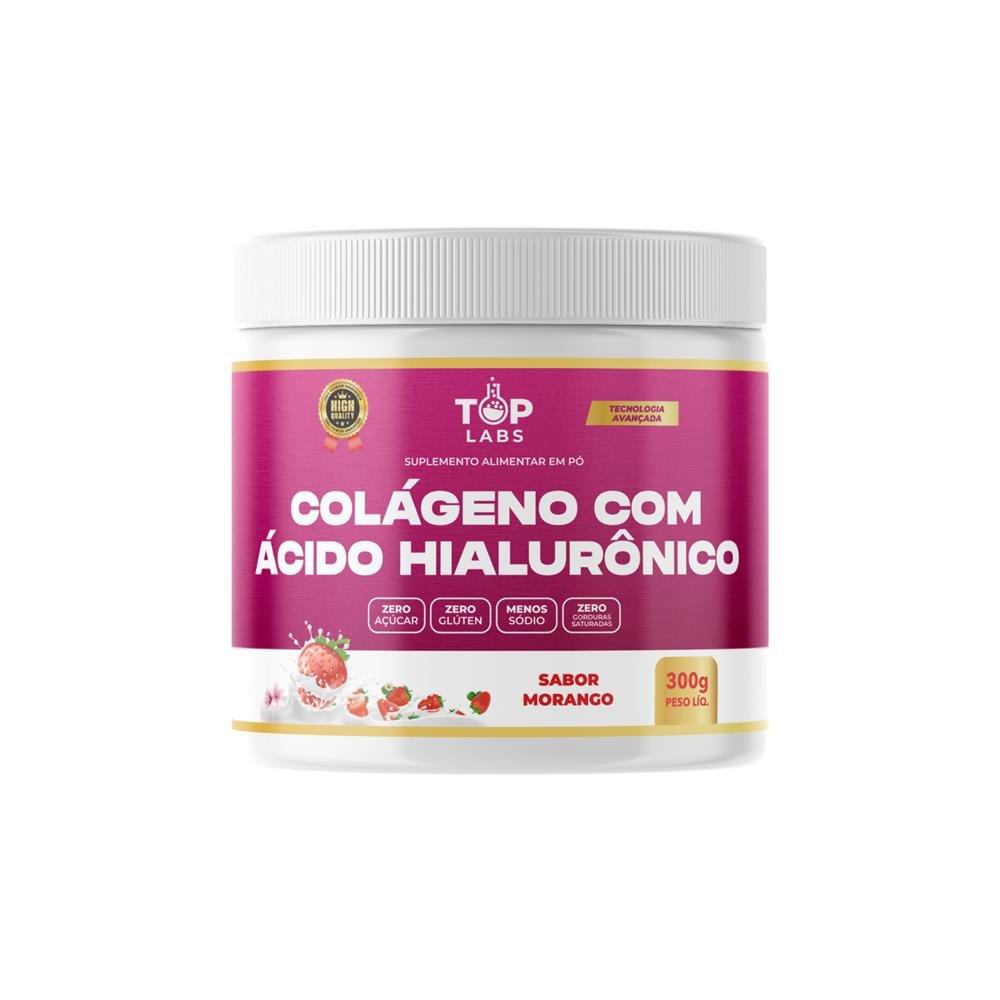 Colágeno Com Ácido Hialurônico Morango Top Labs 300 gramas