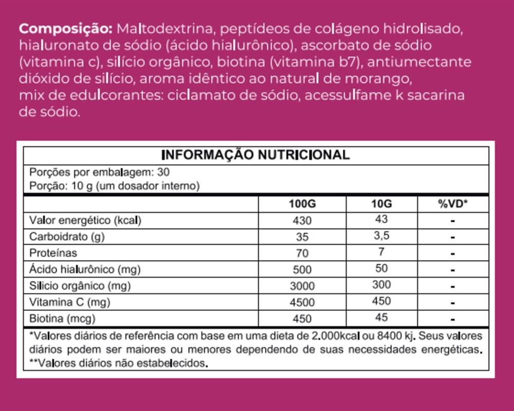 Colágeno Com Ácido Hialurônico Morango Top Labs 300 gramas