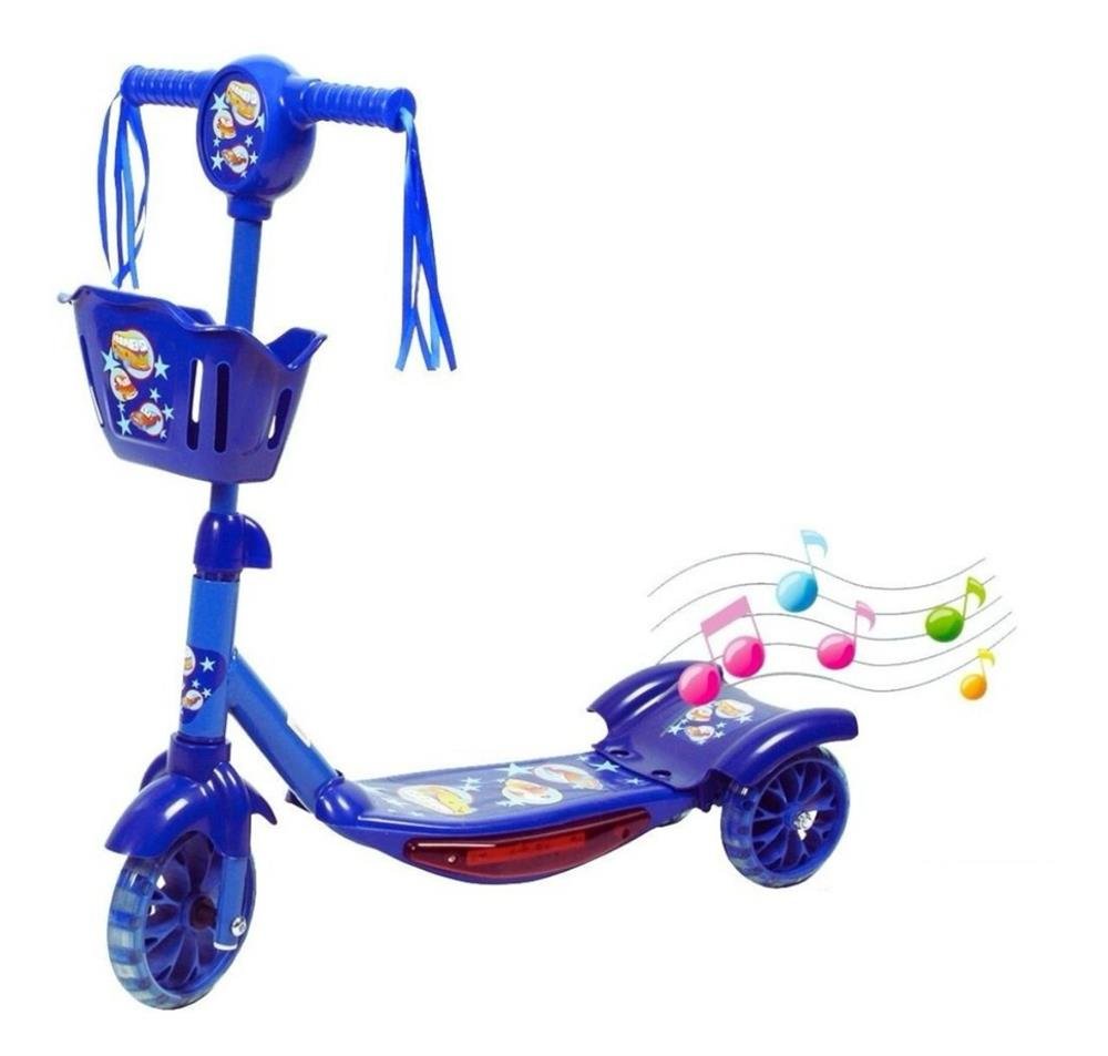 Patinete Infantil 3 Rodas com Luzes Música e Cestinha Azul