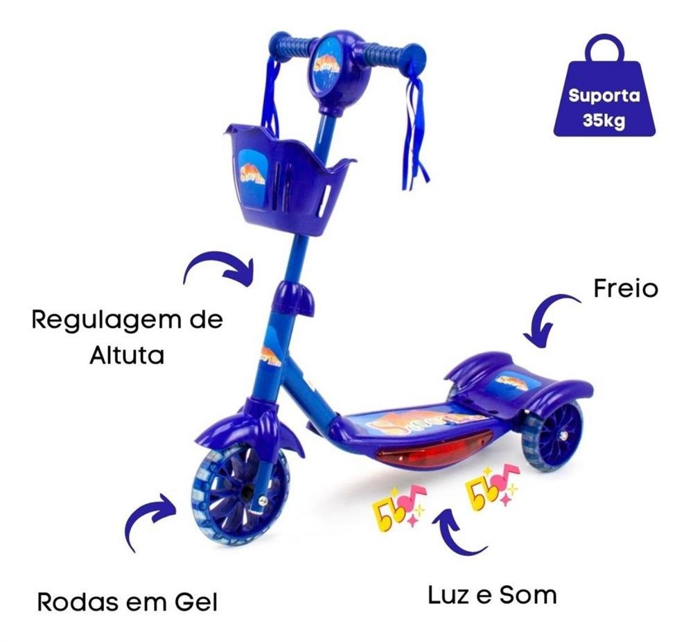 Patinete Infantil 3 Rodas com Luzes Música e Cestinha Azul