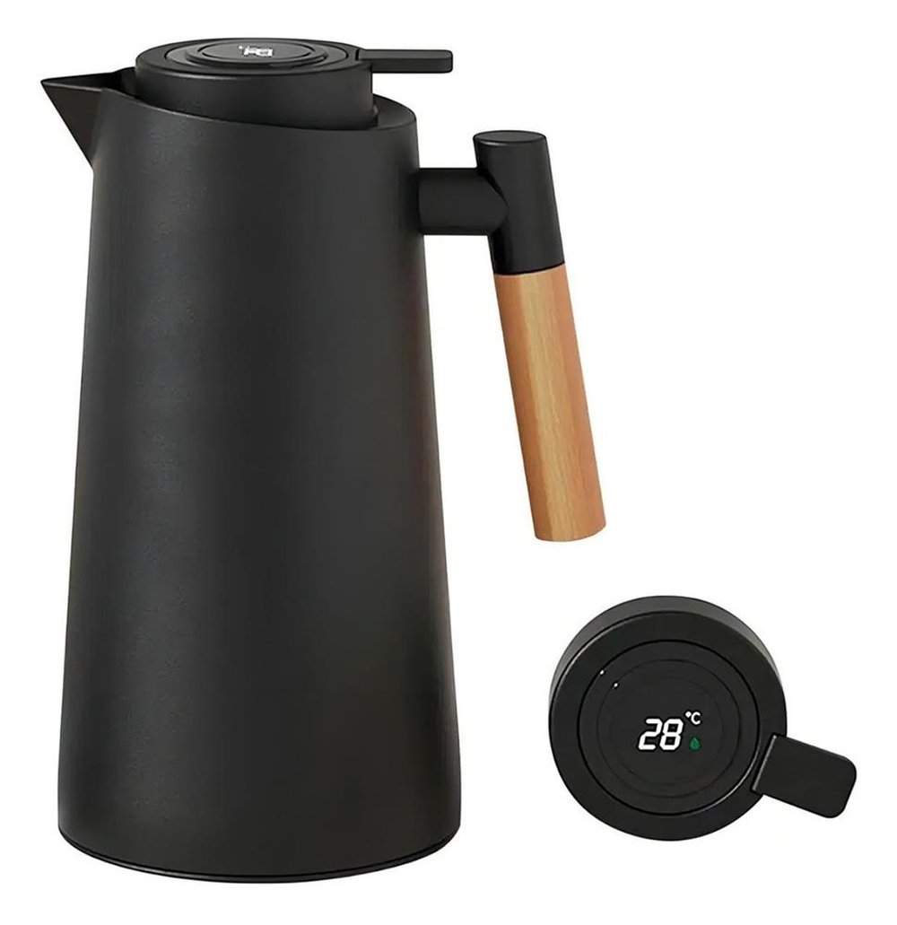 Garrafa Térmica Luxo 1Lt Termômetro Digital Cabo Madeira Vacuum Jug Preta
