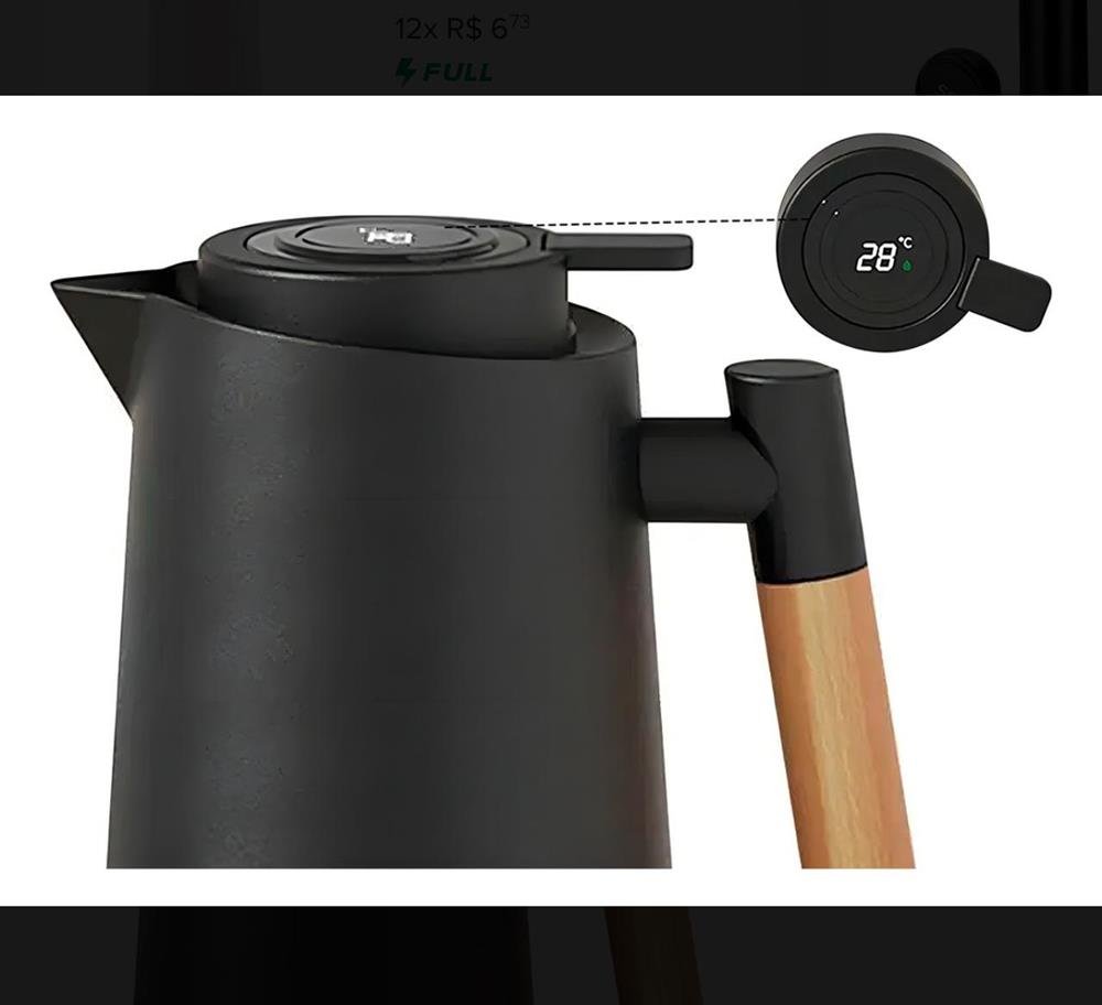 Garrafa Térmica Luxo 1Lt Termômetro Digital Cabo Madeira Vacuum Jug Preta
