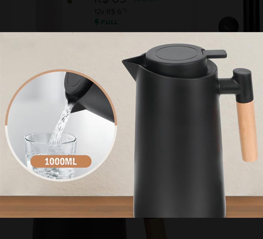 Garrafa Térmica Luxo 1Lt Termômetro Digital Cabo Madeira Vacuum Jug Preta