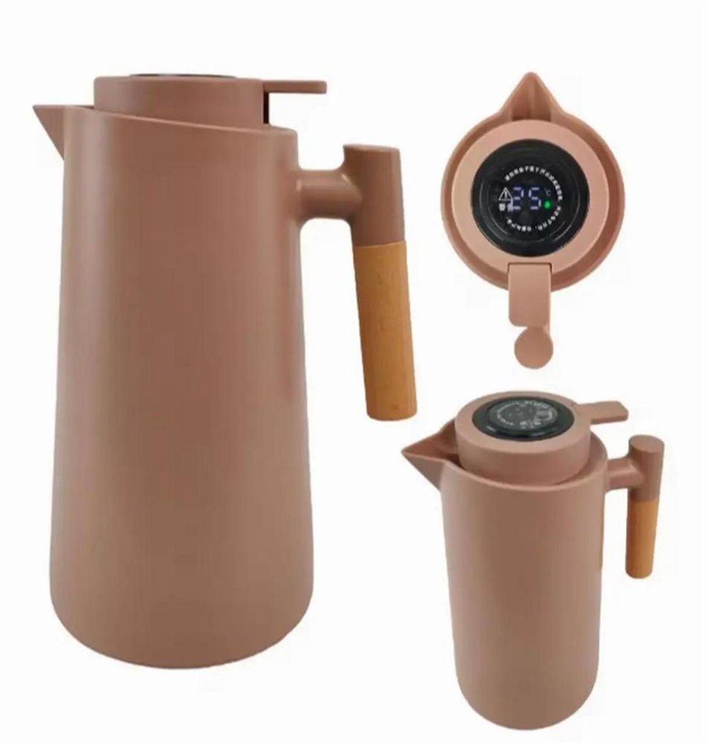 Garrafa Térmica Luxo 1Lt Termômetro Digital Cabo Madeira Vacuum Jug Marrom Nude