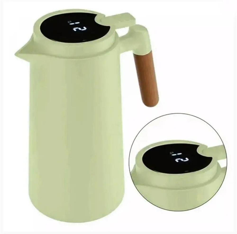 Garrafa Térmica Luxo 1Lt Termômetro Digital Cabo Madeira Vacuum Jug Verde Abacate