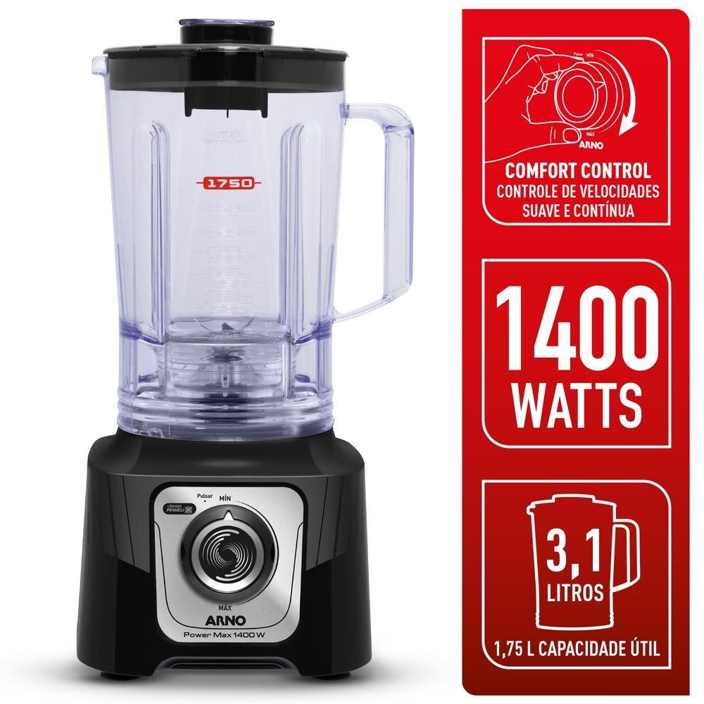 Liquidificador Arno 3,1 Litros Powermax Com 6 Laminas 1400W Preto LN65 - 127V