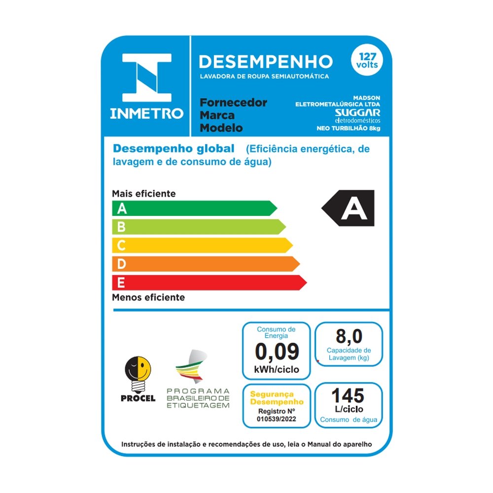 Lavadora de Roupas Semi Automática Suggar Neo Turbilhão LE8001 - 8Kg, Branco, 110V