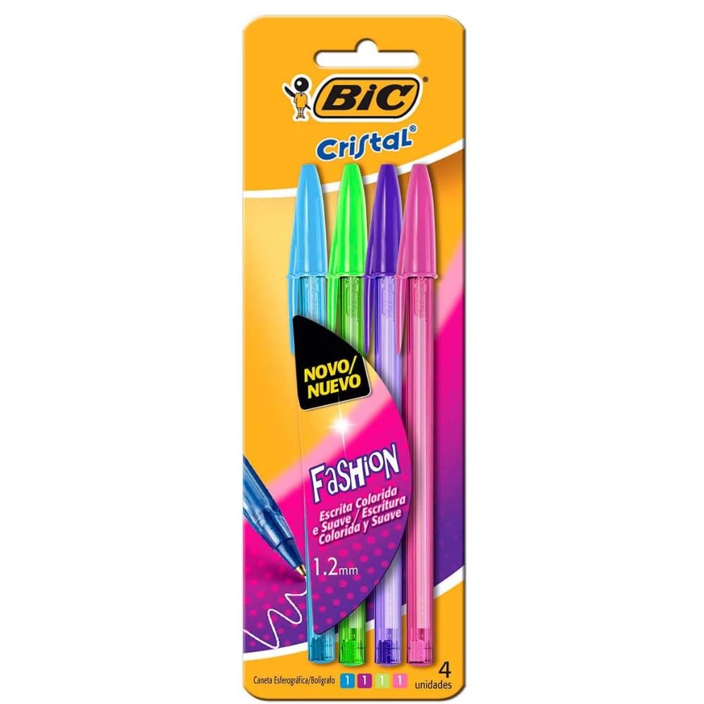 Caneta Esferográfica Bic Cristal Fashion 4 Cores Vibrantes Ponta Média 1.2mm