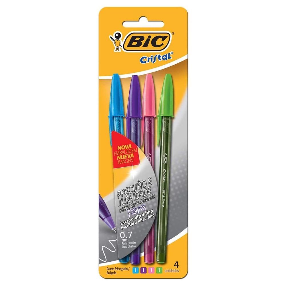 Caneta Esferográfica Bic Cristal Fashion Precisão e Suavidade 4 Cores Ponta Ultra Fina 0.7mm