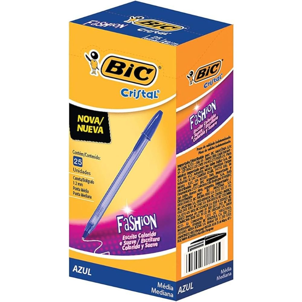 Caneta Esferográfica Bic Cristal Fashion Azul Ponta Média 1.2mm Tampa Ventilada