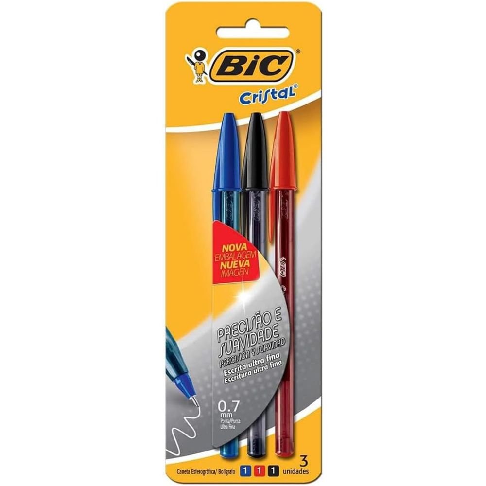 Canetas Bic Cristal Precisão Ponta Ultra Fina 0.7mm Blister Com 3 Canetas ¿ Preta Azul Vermelha