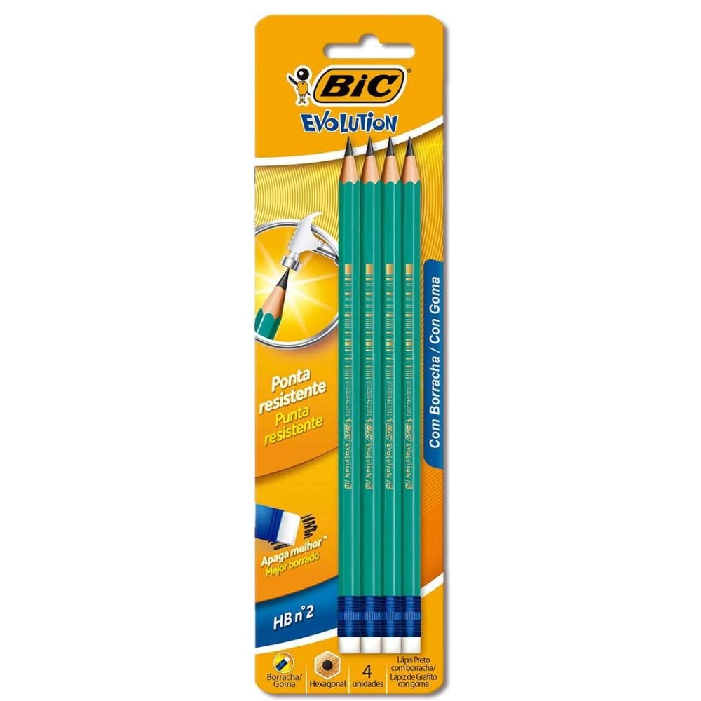 Lápis Preto Bic Evolution Grafite Nº 2HB Com Borracha Corpo Verde Hexagonal Blister Com 4 Unidades