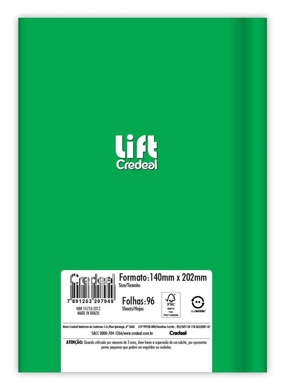 Caderno Credeal Costurado Capa Dura 96 Folhas Lift Verde C/5