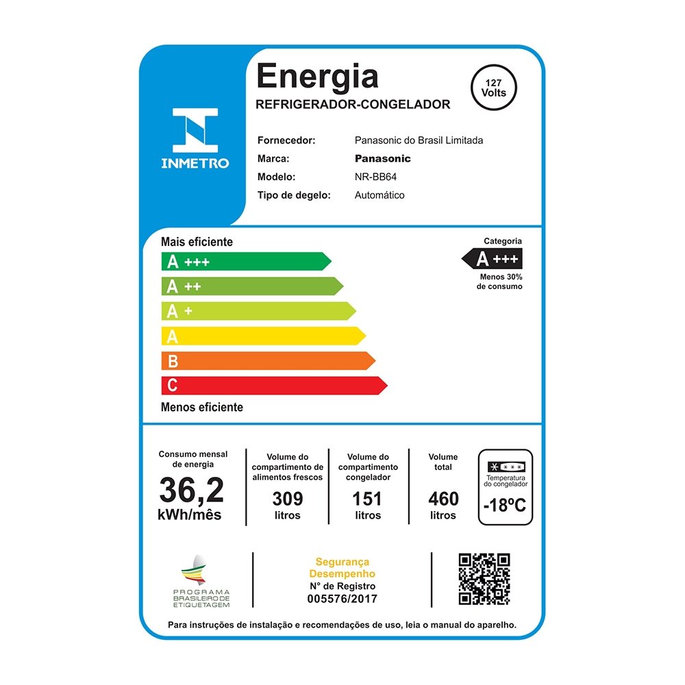 Refrigerador Panasonic 460 Litros BB64PV1XA Frost Free A+++ - 2 Portas, Inverter, Aço Escovado, 110V