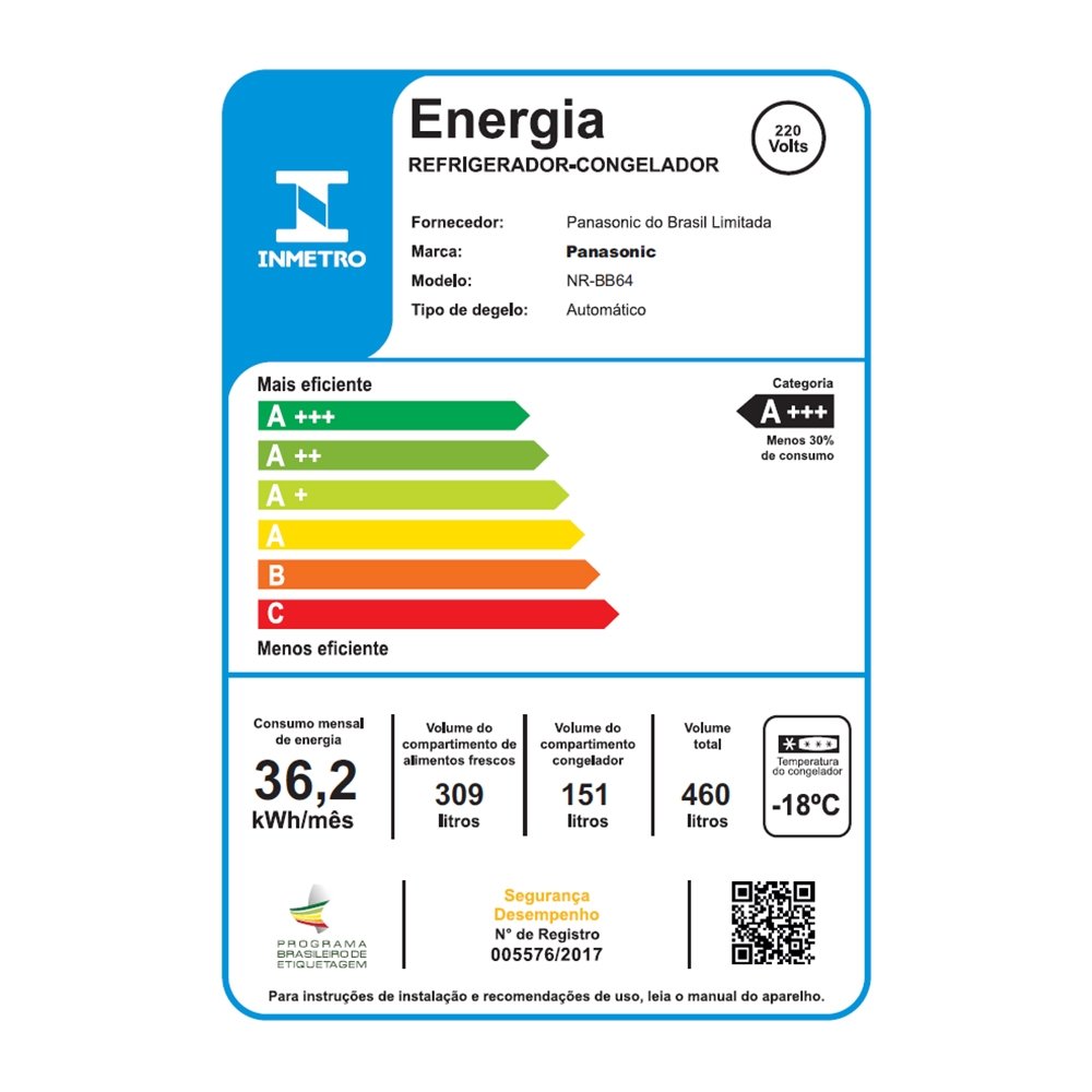 Refrigerador Panasonic 460 Litros BB64PV1XB Frost Free A+++ - 2 Portas, Inverter, Aço Escovado, 220V