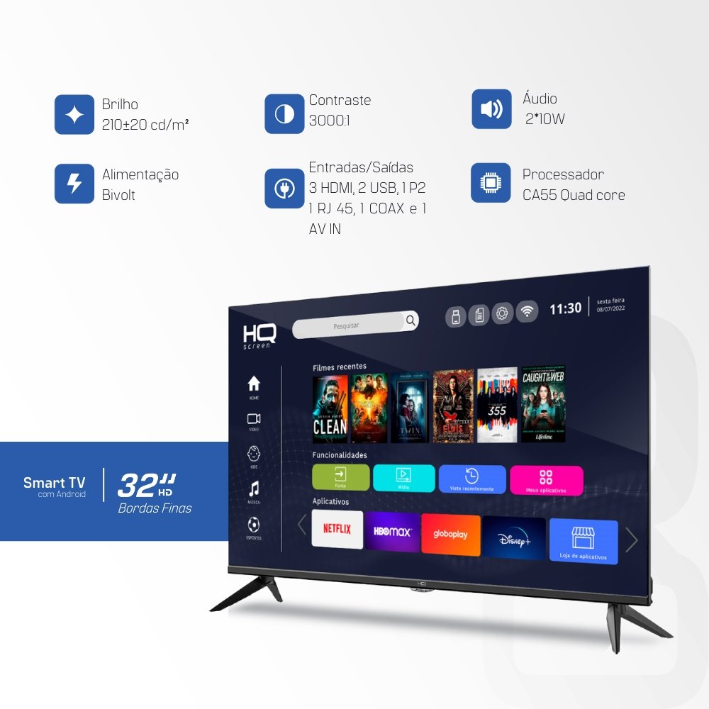 Smart TV LCD LED 32" HQ HQS32NKHM HD - Com Wi-Fi, 3 HDMI, 2 USB, Preto