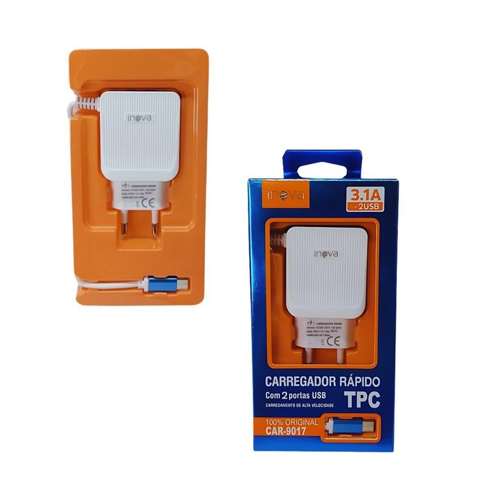Carregador Rapido Inova 4.8V 2 Usb Tipo C Ref Car-9017