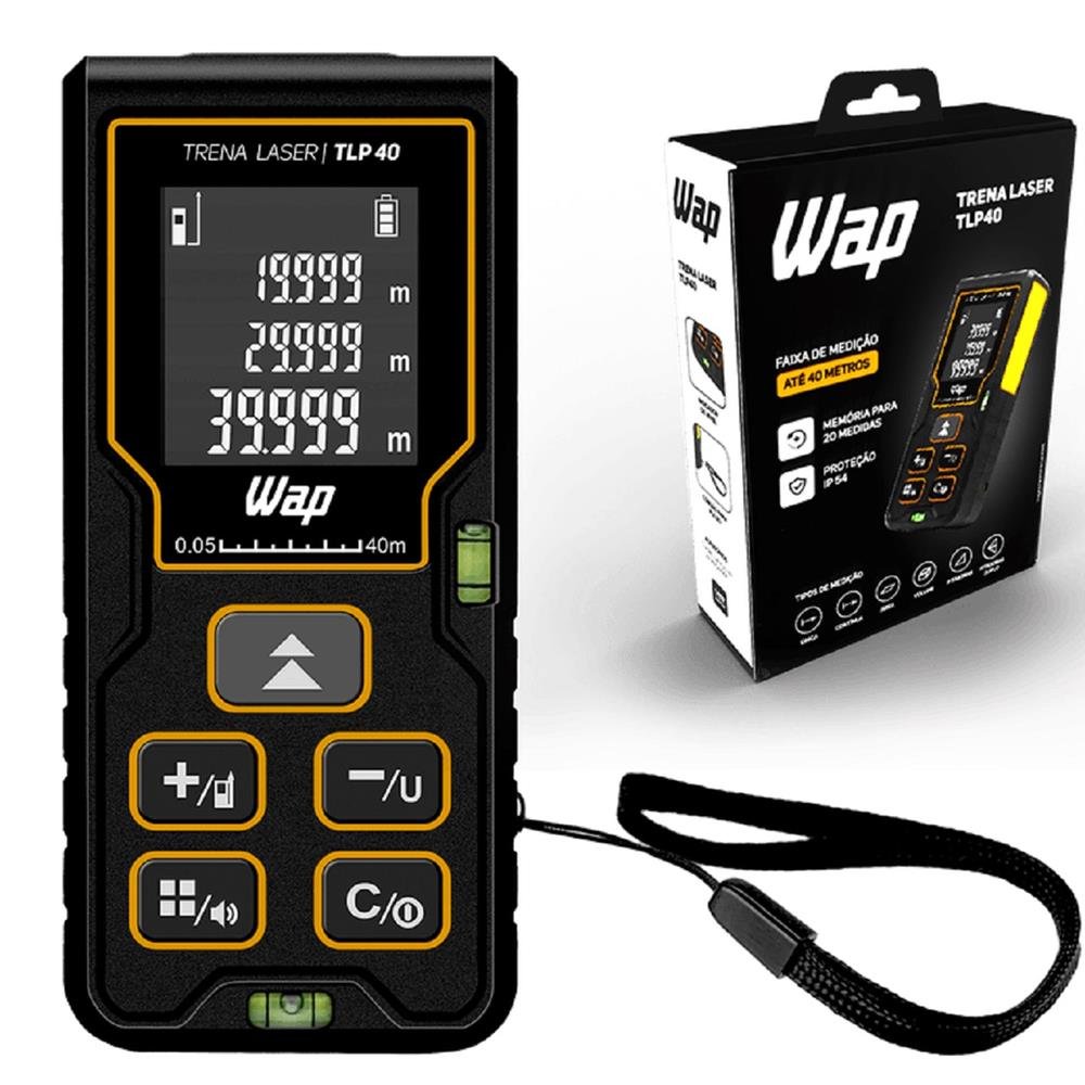Trena Digital a Laser WAP TLP 40, Visor LCD iluminado, 40m, Resistente a Água, Preto