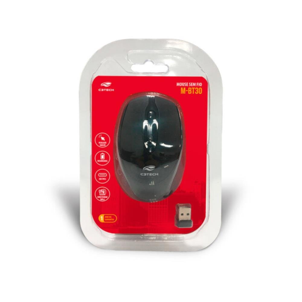 Mouse sem Fio C3Tech, Recarregável, Preto, Dual Mode, M-BT30BK