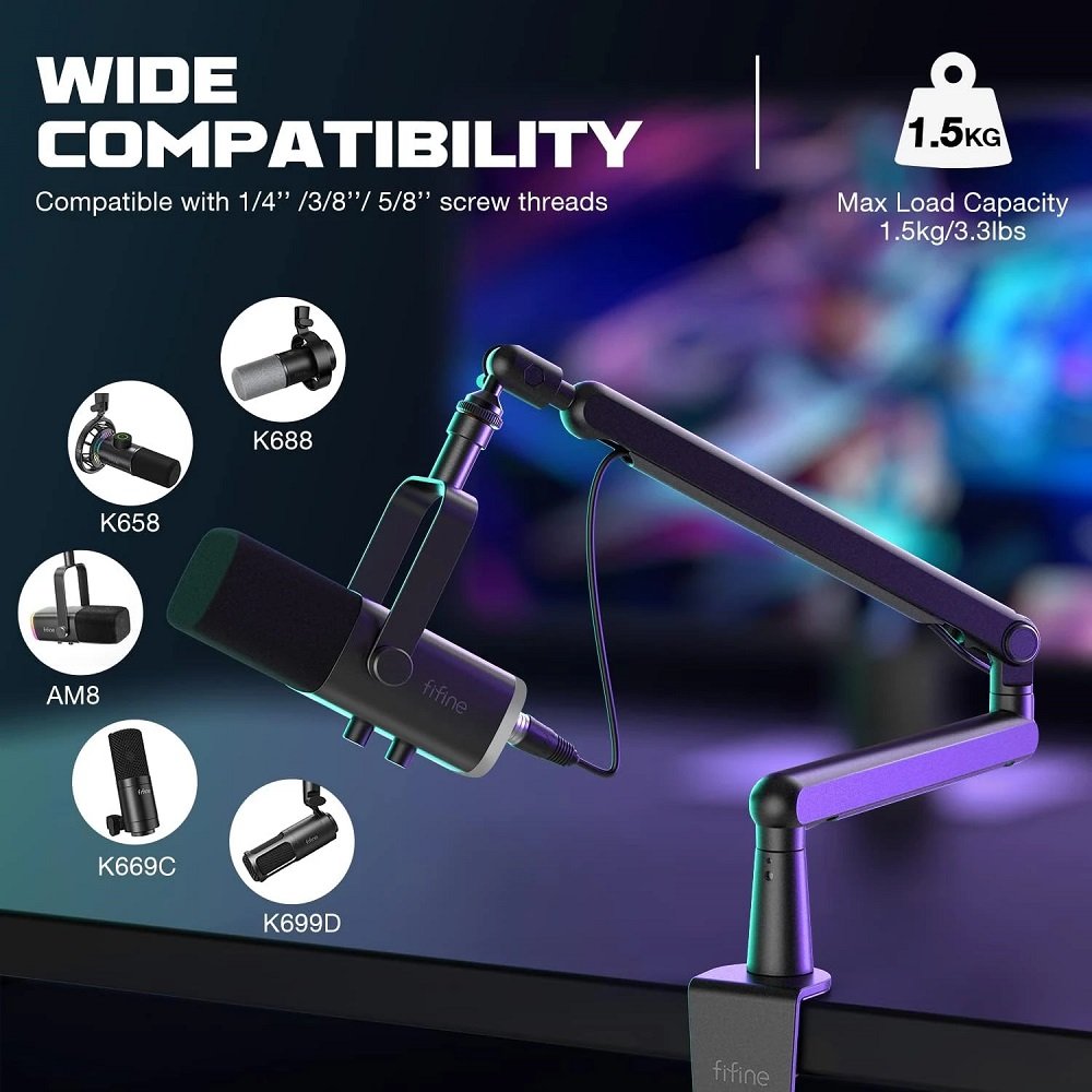 Microfone Dinâmico FIFINE USB/XLR Com Braço RGB Preto - TAM8