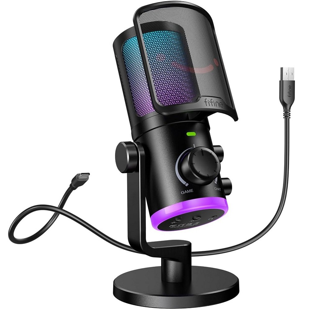 Microfone Gamer Fifine AmpliGame AM6 Condensador RGB USB Preto