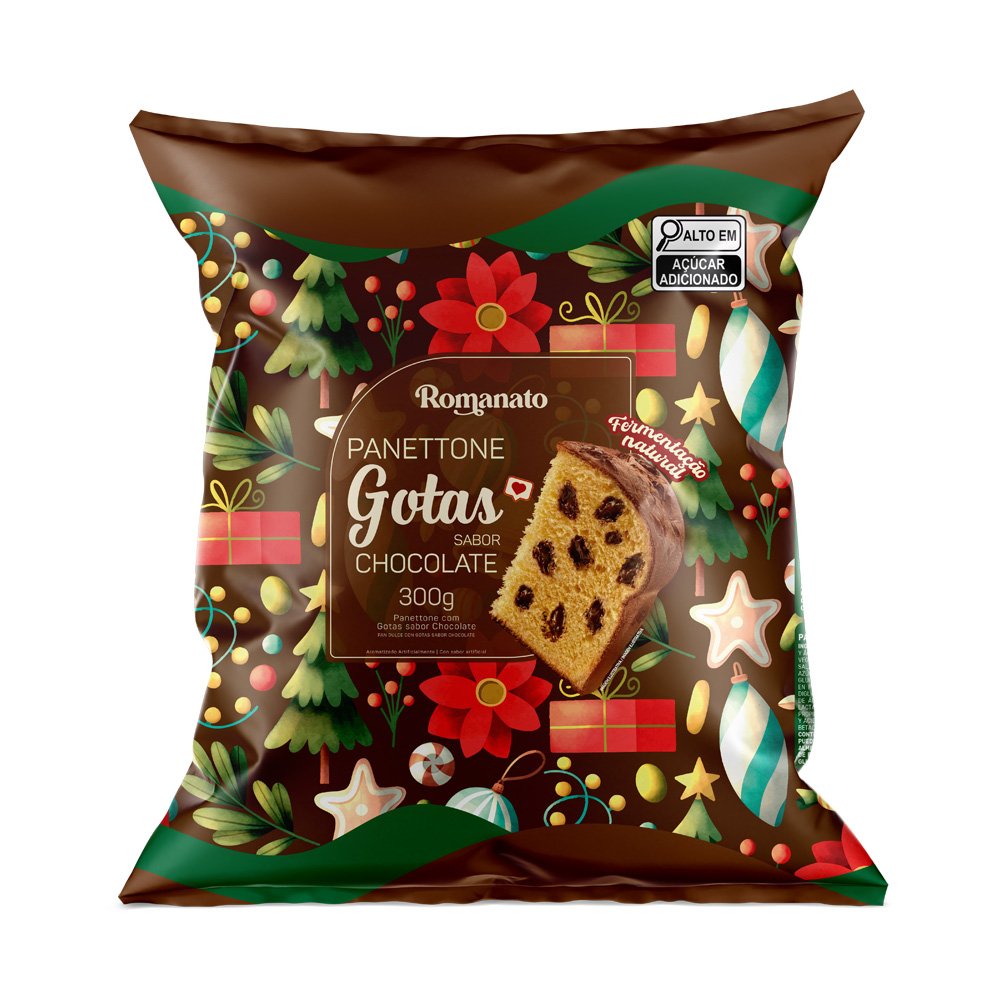 Panettone Romanato Flowpack Gotas Sabor Chocolate 12x300g