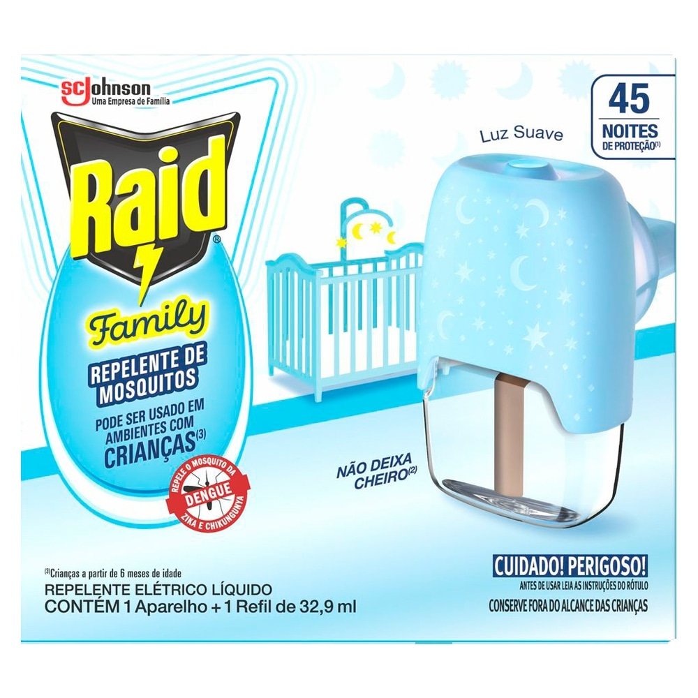 Repelente Elétrico Líquido Raid Family 45 Noites Aparelho + Refil 32,9ml