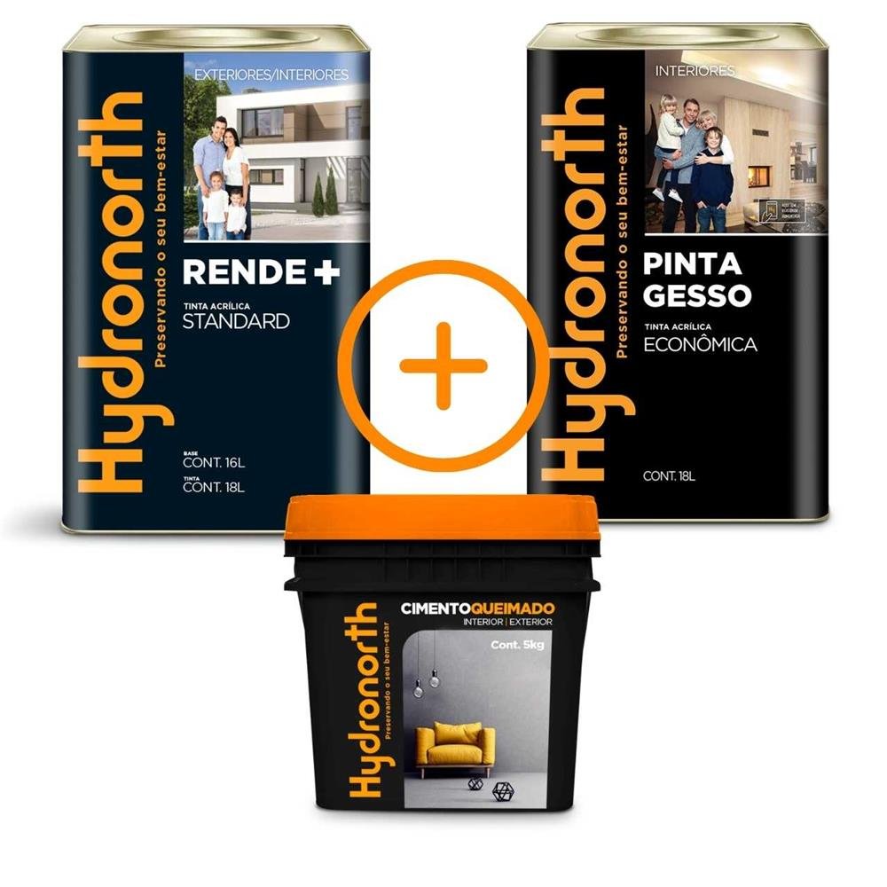 Kit Pintura Hydronorth - Tinta Rende+ Standard Fosco 18L + Pinta Gesso Econômico Fosco Lata 18 L + Cimento Queimado Fosco 5 Kg