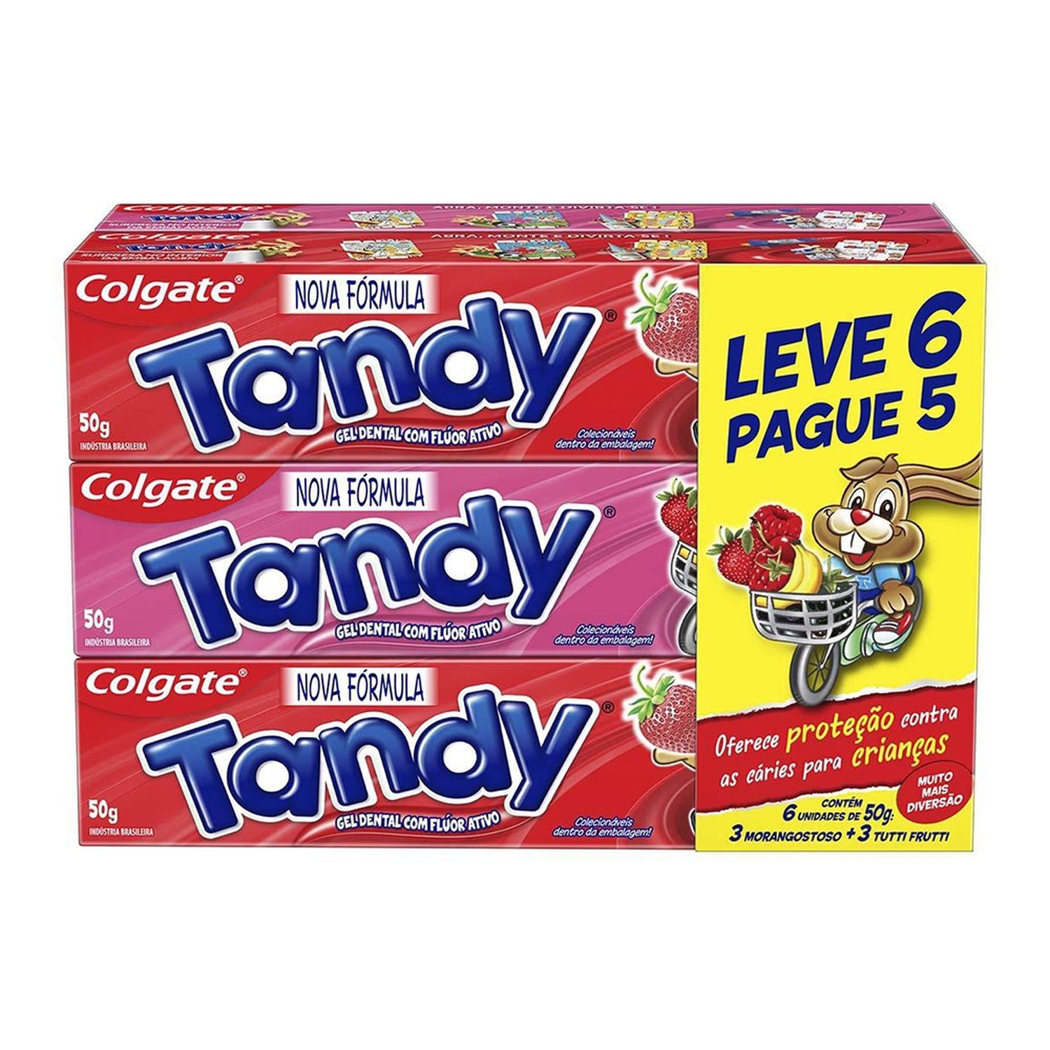 Creme Dental Tandy Morango + Tutti Frutti 50g - Leve 6 Pague 5 - Embalagem com 6 Unidades