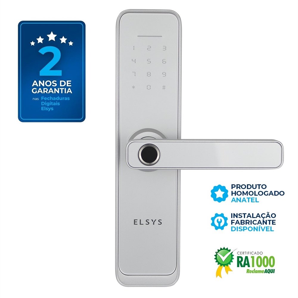 Fechadura Digital De Embutir Elsys ESF-DE4000B | Com Wi-Fi, Biometria, Prata