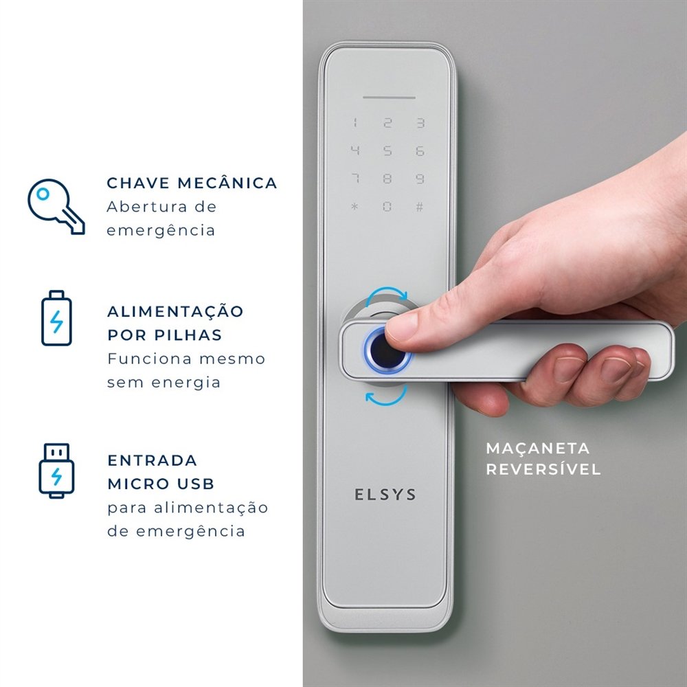 Fechadura Digital De Embutir Elsys ESF-DE4000B | Com Wi-Fi, Biometria, Prata