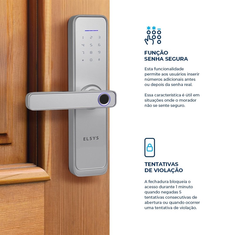 Fechadura Digital De Embutir Elsys ESF-DE4000B | Com Wi-Fi, Biometria, Prata