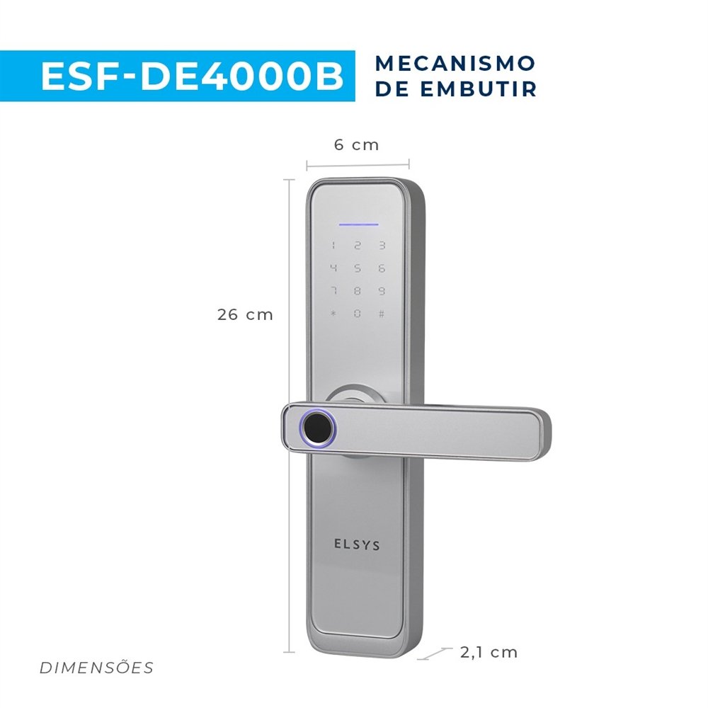 Fechadura Digital De Embutir Elsys ESF-DE4000B | Com Wi-Fi, Biometria, Prata