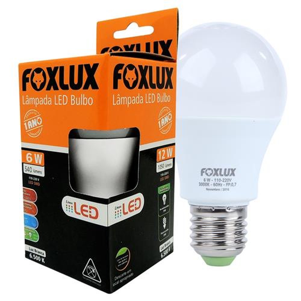 lampada led bulbo certificada a60 6w 6500k bivolt foxlux