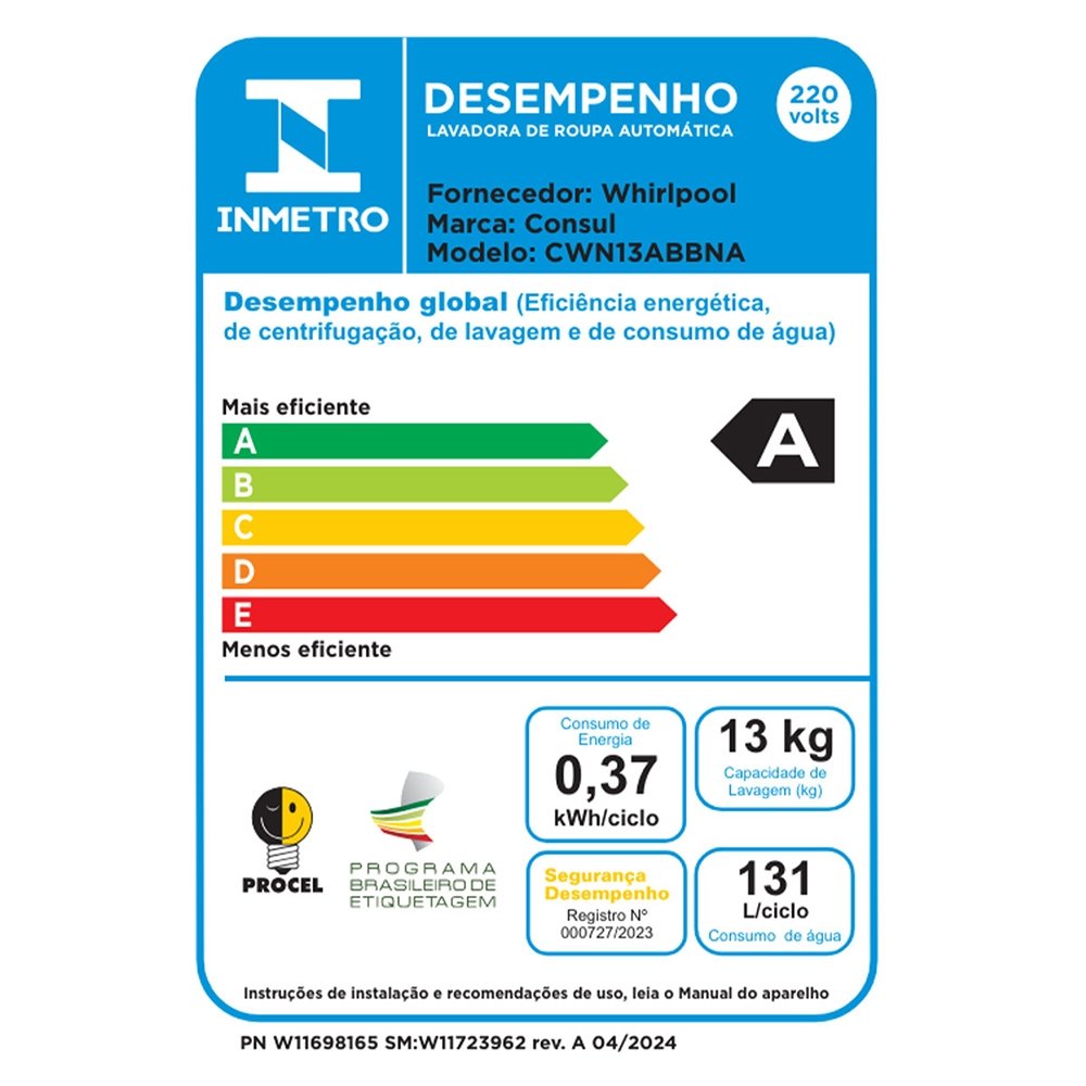 Máquina de Lavar Roupas 13 Kg Consul CWN13ABBNA - Branca, 220V