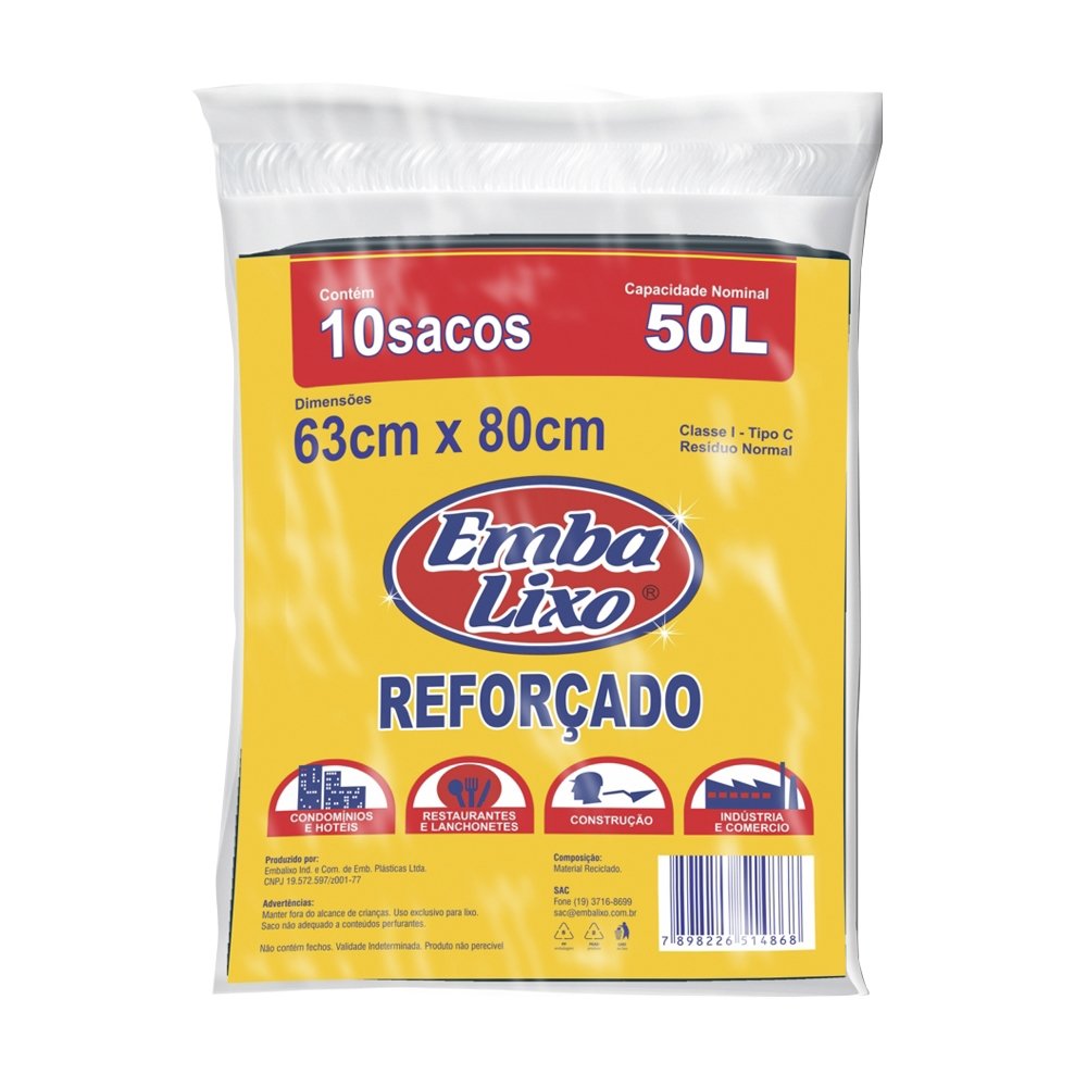 Saco de Lixo Embalixo Rolo Reforçado Preto 50L - 20 Embalagens com 10 Unidades