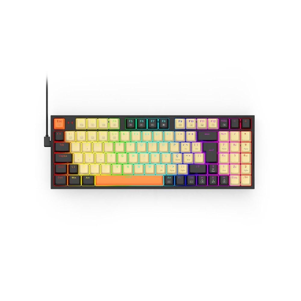 Teclado Mecânico Gamer Redragon Kitava, RGB, com Conexão USB-C, ABNT2, Switch Brown, Preto, Laranja e Amarelo, K636CLO-RGB (PT-Brown)