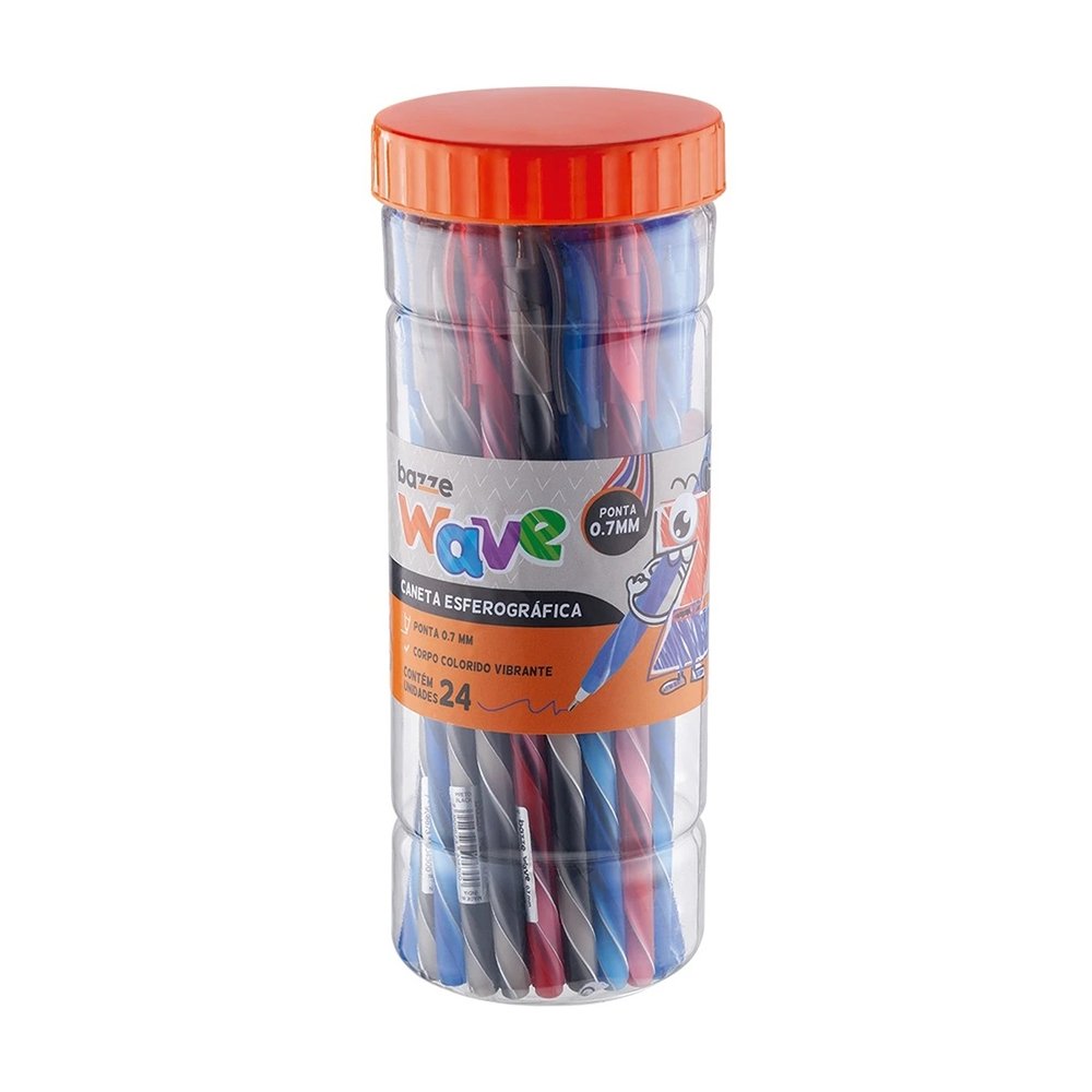 Caneta Bazze Esferográfica Wave 0,7 Azul/Preta/Vermelha - Embalagem com 24 Unidades