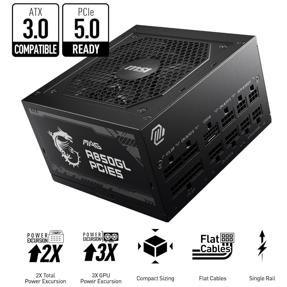 Fonte Pc 850w 80 Plus Gold Msi Mag A850gl, Compativel Com Atx 3.0, Conector Nativo Pcie 5.0, Pfc Ativo, Modular