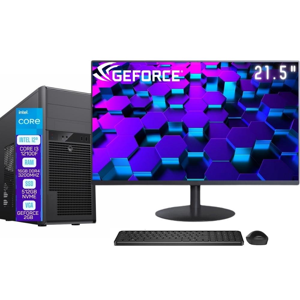 Computador Completo Skill Pro Intel 12ª Geração Core i3 12100F 16GB DDR4 Placa de video Geforce 2GB SSD 512GB Monitor 21.5" LED SP-080